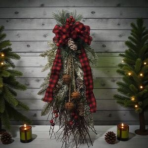 Christmas Holiday Swag Door Hanging Wreath/ Red and Black Buffalo Plaid Ribbon